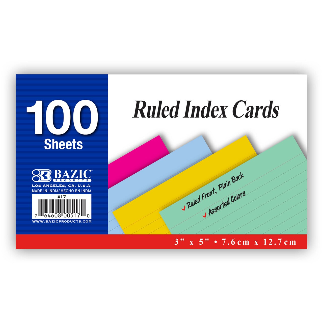 BAZIC 3" x 5" Ruled Index Cards, Assorted Colors, 100 Count, Case of 36